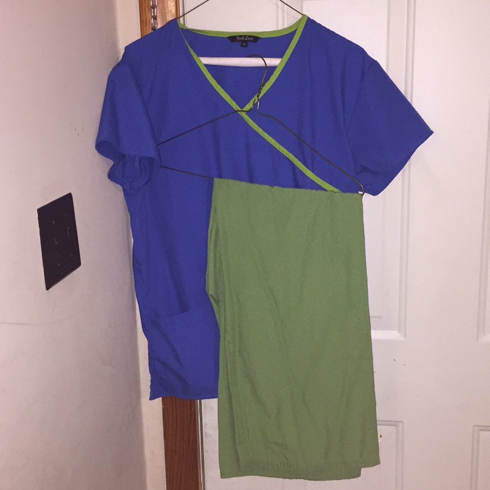 Blue and green scrub top and green scrub pants